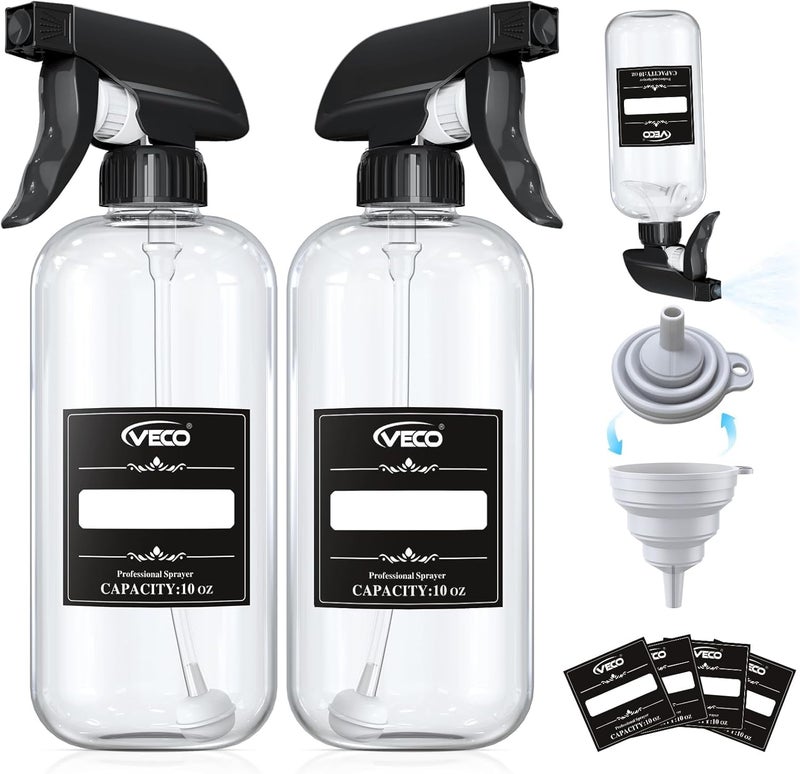 Veco 300mL (10oz) 360° Spray Bottles, 2-Pack — Adjustable Nozzle, Leak-Resistant spray bottles for Cleaning, Plants, Hair & Pet Use + Foldable Funnel - Image 1